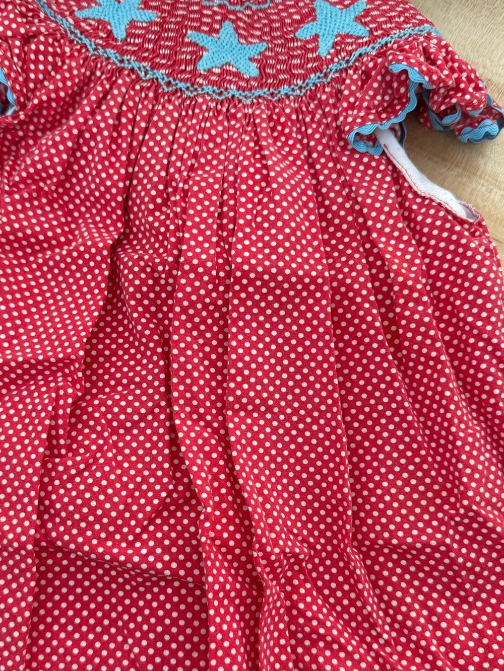 Hand Smocked Starfish Dress Girls 12-18M Red Polka Dot Boutique Patriotic Beach